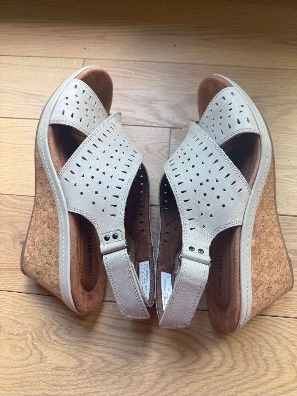 Cobb Hill by New Balance May Dove Gray Perforated Leather Cork Wedge Sandals